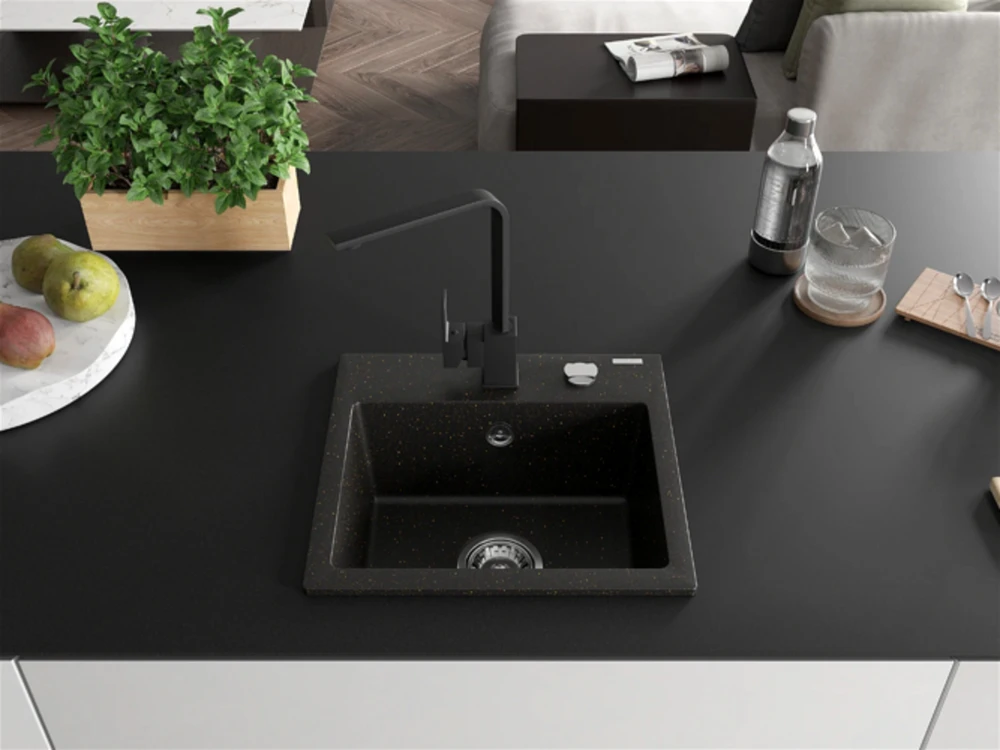 Granitinė virtuvinė plautuvė Mexen Milo su maišytuvu ir sifonu, Metallic juodas/auksinis+Juodas