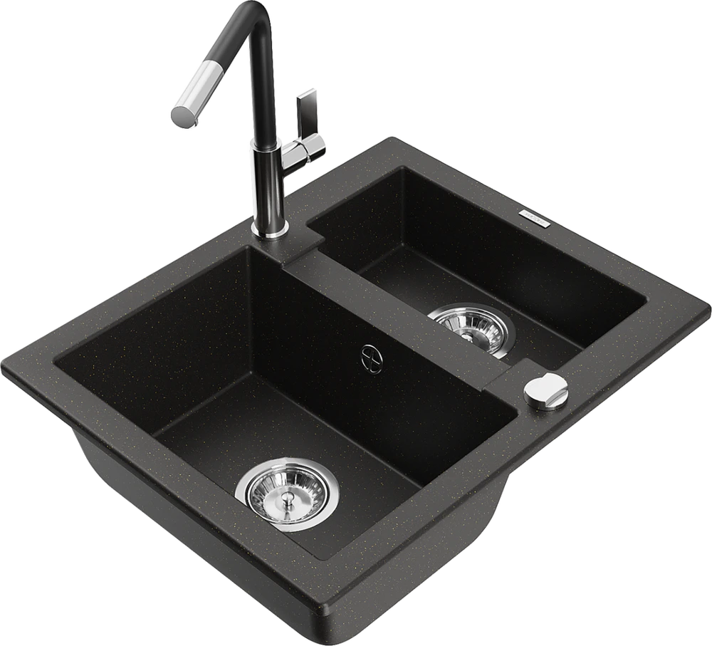 Granitinė virtuvinė plautuvė Mexen Carlos su maišytuvu ir sifonu, Metallic juodas/auksinis+Juodas/Chrome