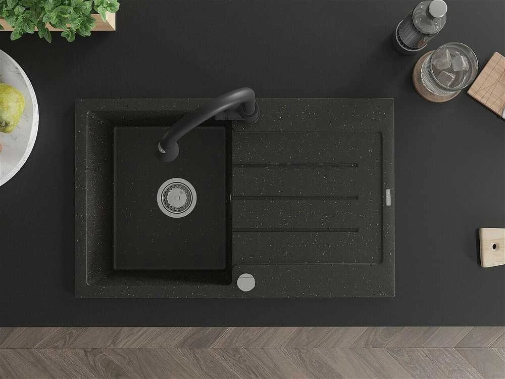 Granitinė virtuvinė plautuvė Mexen Bruno su maišytuvu ir sifonu, Metallic juodas/auksinis+Juodas