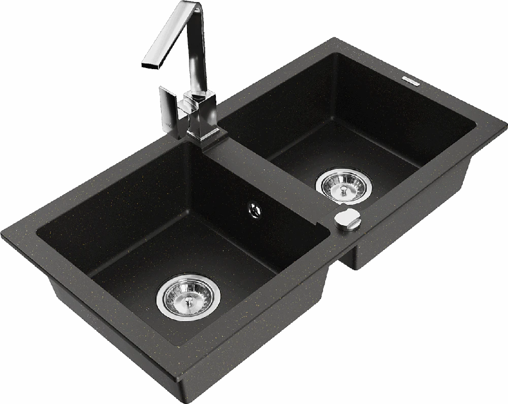 Granitinė virtuvinė plautuvė Mexen Mario su maišytuvu ir sifonu, Metallic juodas/auksinis+Chrome