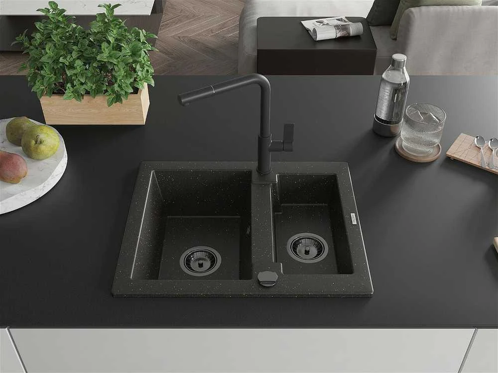 Granitinė virtuvinė plautuvė Mexen Carlos su maišytuvu ir sifonu, Metallic juodas/auksinis+Juodas