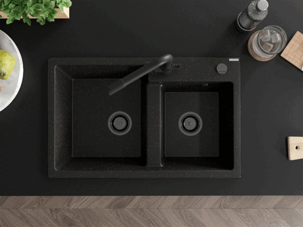 Granitinė virtuvinė plautuvė Mexen Tomas su maišytuvu ir sifonu, Metallic juodas/auksinis+Juodas(B)
