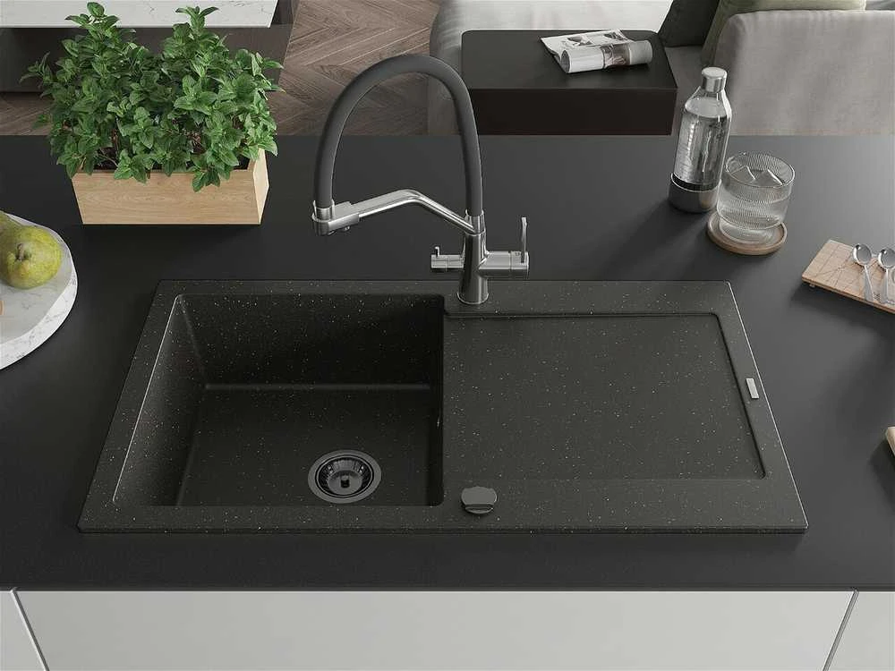 Granitinė virtuvinė plautuvė Mexen Leo su maišytuvu ir sifonu, Metallic juodas/auksinis+Juodas/Chrome
