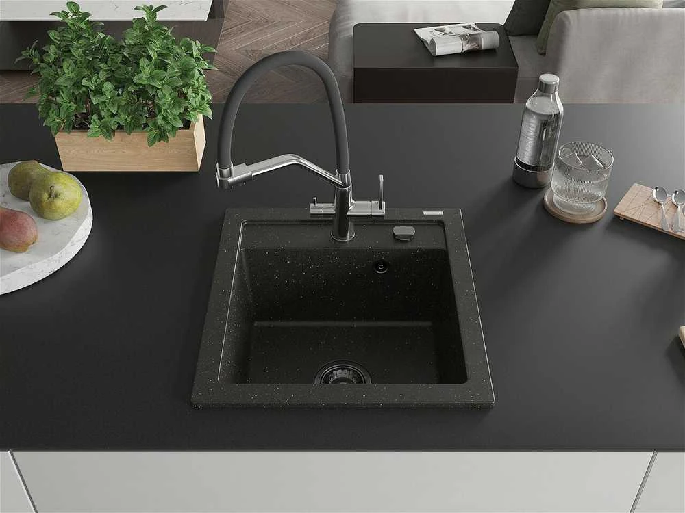 Granitinė virtuvinė plautuvė Mexen Vito su maišytuvu ir sifonu, Metallic juodas/auksinis+Juodas/Chrome