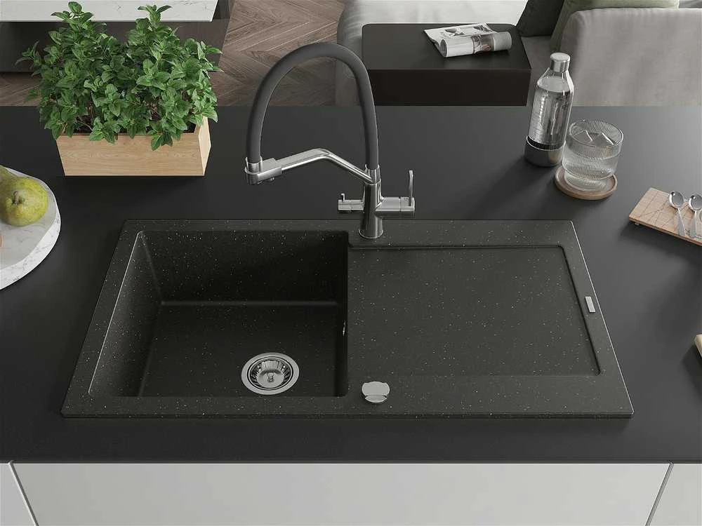 Granitinė virtuvinė plautuvė Mexen Leo su maišytuvu ir sifonu, Metallic juodas/auksinis+Juodas/Chrome
