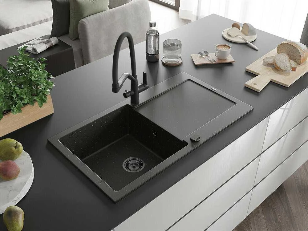 Granitinė virtuvinė plautuvė Mexen Leo su maišytuvu ir sifonu, Metallic juodas/auksinis+Juodas