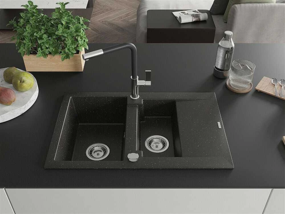 Granitinė virtuvinė plautuvė Mexen Gaspar su maišytuvu ir sifonu, Metallic juodas/auksinis+Juodas/Chrome