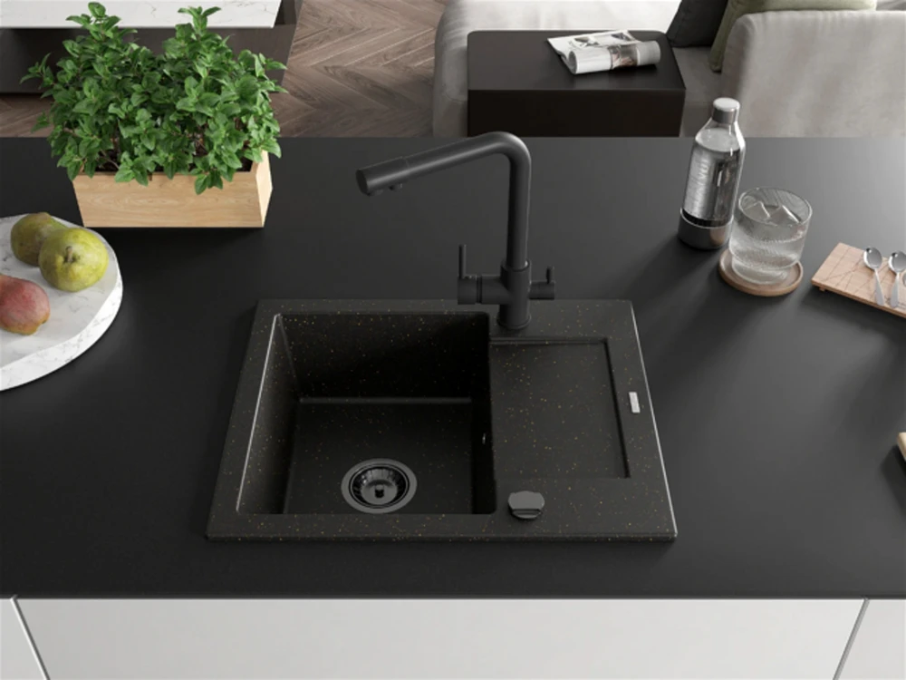 Granitinė virtuvinė plautuvė Mexen Enzo su maišytuvu ir sifonu, Metallic juodas/auksinis+Juodas(B)