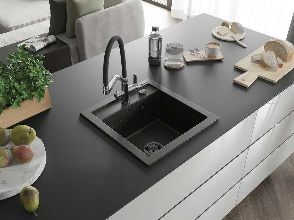 Granitinė virtuvinė plautuvė Mexen Vito su maišytuvu ir sifonu, Metallic juodas/auksinis+Juodas/Chrome