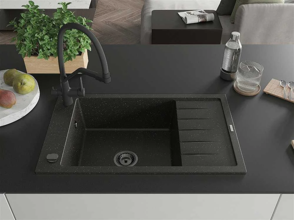 Granitinė virtuvinė plautuvė Mexen Elias su maišytuvu ir sifonu, Metallic juodas/auksinis+Juodas
