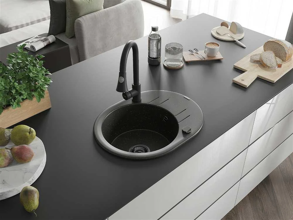 Granitinė virtuvinė plautuvė Mexen Kevin su maišytuvu ir sifonu, Metallic juodas/auksinis+Juodas