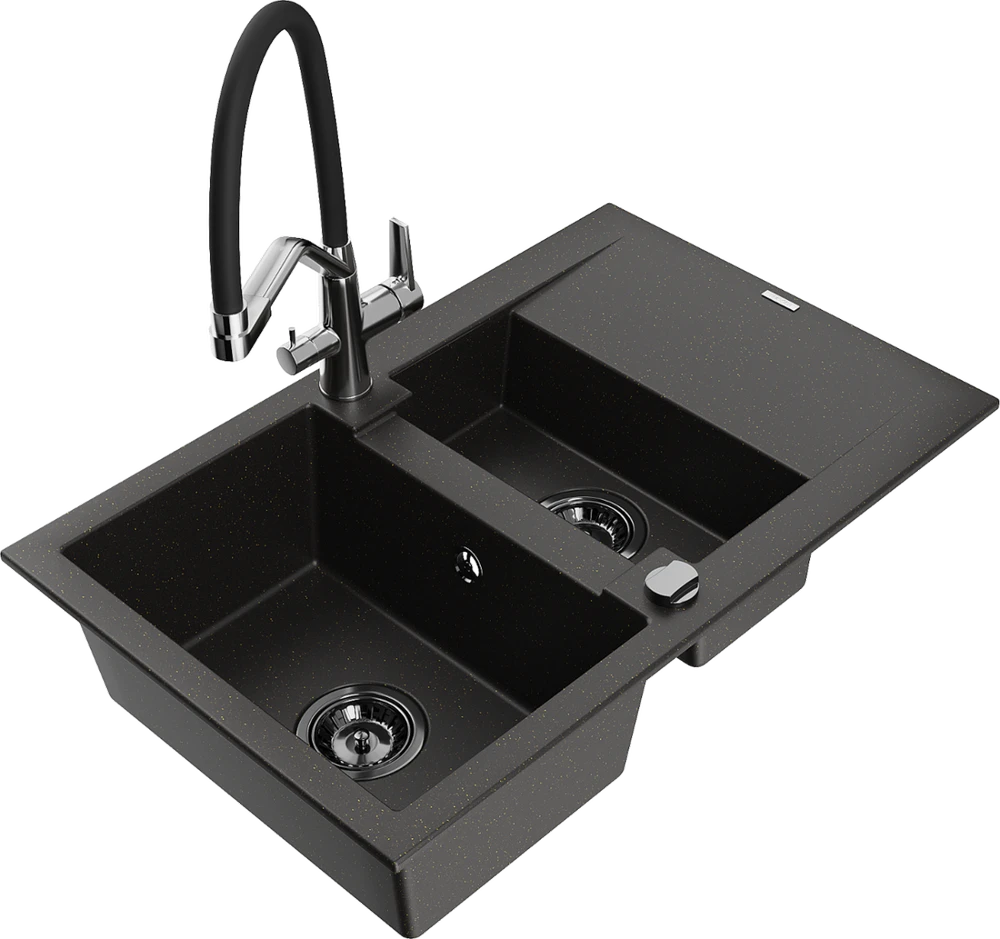 Granitinė virtuvinė plautuvė Mexen Gaspar su maišytuvu ir sifonu, Metallic juodas/auksinis+Juodas/Chrome