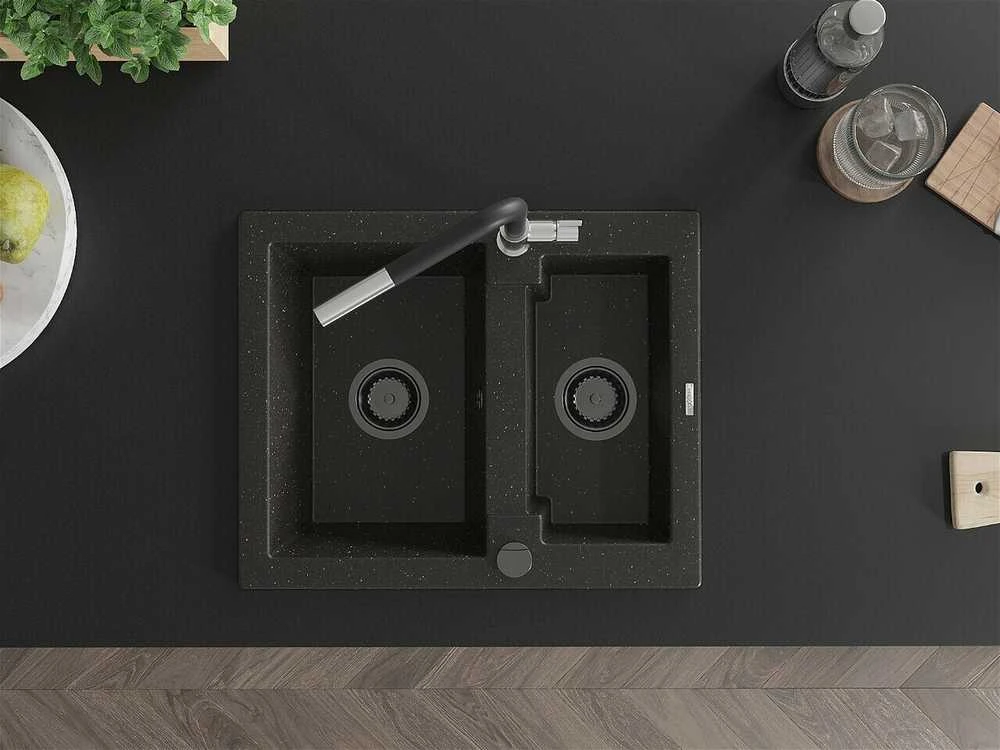 Granitinė virtuvinė plautuvė Mexen Carlos su maišytuvu ir sifonu, Metallic juodas/auksinis+Juodas/Chrome