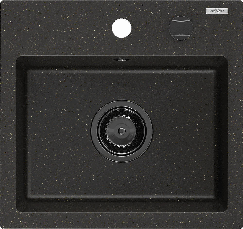 Granitinė virtuvinė plautuvė Mexen Milo su sifonu, Metallic juodas/auksinis+Juodas, 435 x 410 mm