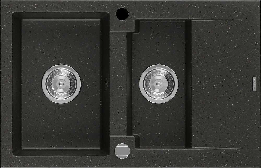 Granitinė virtuvinė plautuvė Mexen Gaspar su sifonu, Metallic juodas/auksinis+Chrome, 737 x 475 mm