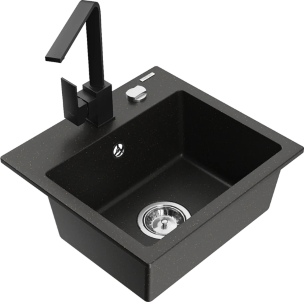 Granitinė virtuvinė plautuvė Mexen Milo su maišytuvu ir sifonu, Metallic juodas/auksinis+Juodas