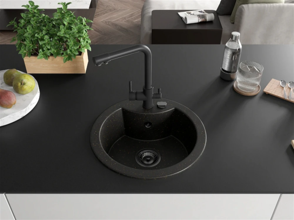 Granitinė virtuvinė plautuvė Mexen Diego su maišytuvu ir sifonu, Metallic juodas/auksinis+Juodas(B)