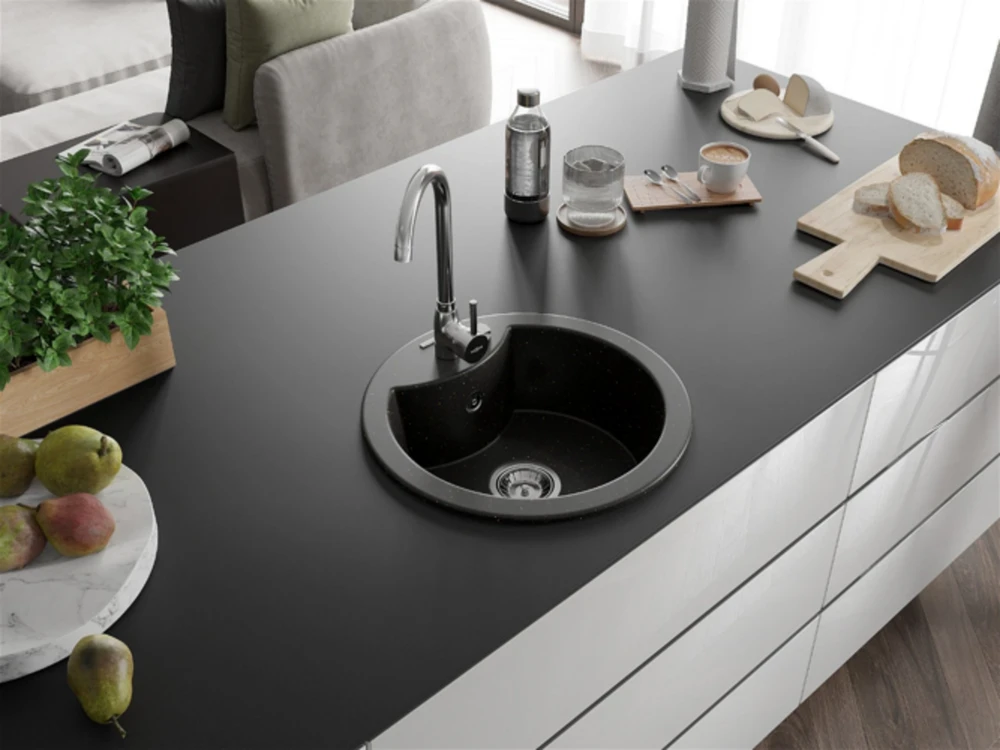 Granitinė virtuvinė plautuvė Mexen Diego su maišytuvu ir sifonu, Metallic juodas/auksinis+Chrome