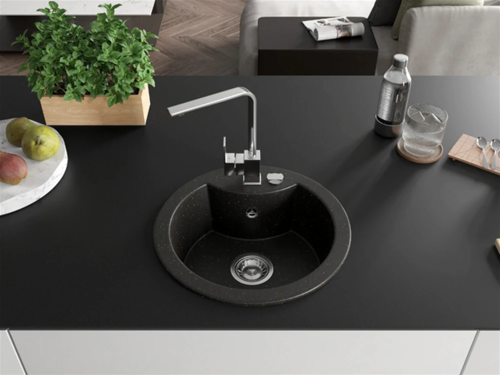 Granitinė virtuvinė plautuvė Mexen Diego su maišytuvu ir sifonu, Metallic juodas/auksinis+Chrome