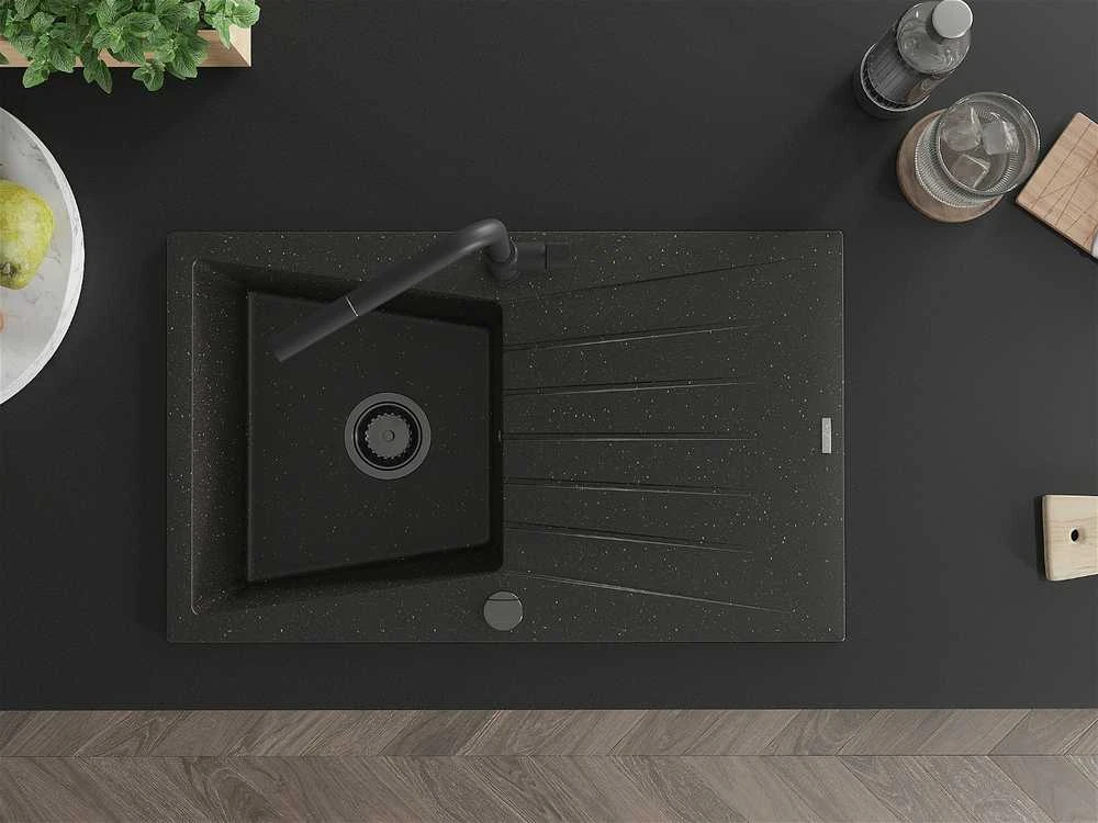 Granitinė virtuvinė plautuvė Mexen Cesar su maišytuvu ir sifonu, Metallic juodas/auksinis+Juodas
