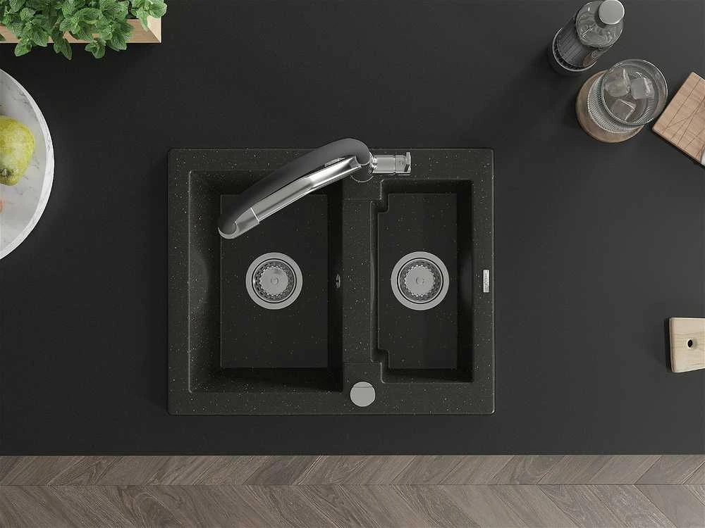 Granitinė virtuvinė plautuvė Mexen Carlos su maišytuvu ir sifonu, Metallic juodas/auksinis+Juodas/Chrome