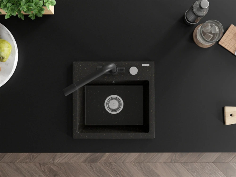 Granitinė virtuvinė plautuvė Mexen Milo su maišytuvu ir sifonu, Metallic juodas/auksinis+Juodas