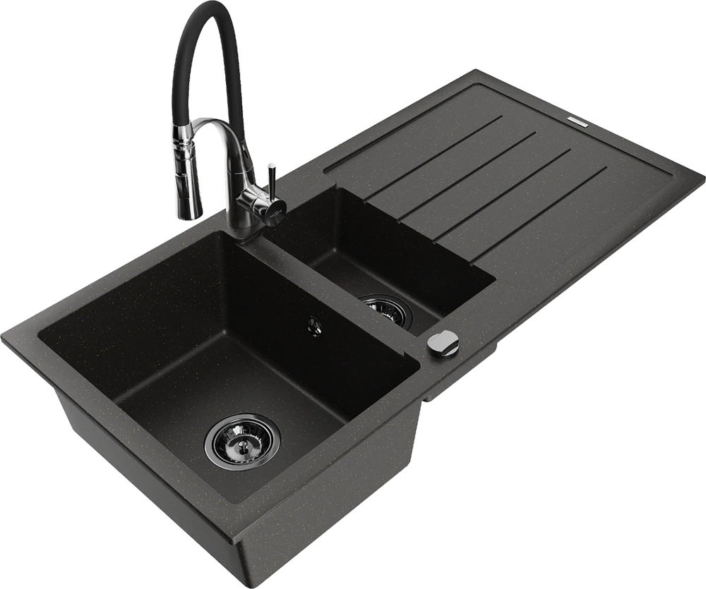 Granitinė virtuvinė plautuvė Mexen Andres su maišytuvu ir sifonu, Metallic juodas/auksinis+Juodas/Chrome