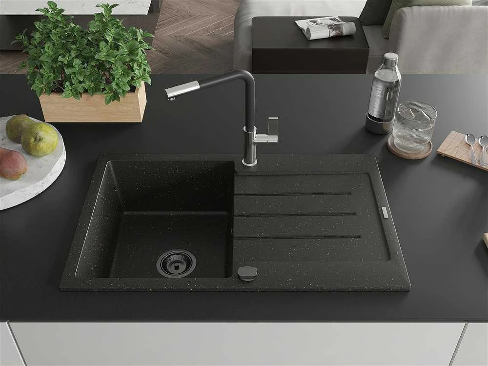 Granitinė virtuvinė plautuvė Mexen Bruno su maišytuvu ir sifonu, Metallic juodas/auksinis+Juodas/Chrome
