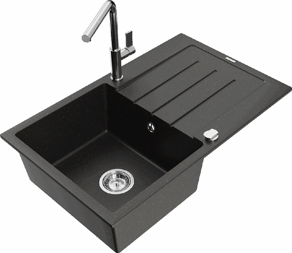 Granitinė virtuvinė plautuvė Mexen Bruno su maišytuvu ir sifonu, Metallic juodas/auksinis+Chrome