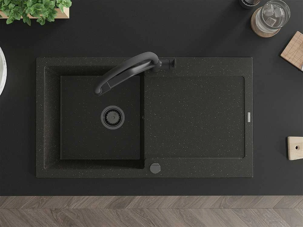 Granitinė virtuvinė plautuvė Mexen Leo su maišytuvu ir sifonu, Metallic juodas/auksinis+Juodas