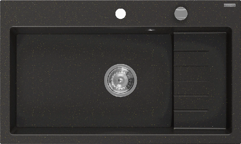 Granitinė virtuvinė plautuvė Mexen Omar su sifonu, Metallic juodas/auksinis+Chrome, 800 x 480 mm