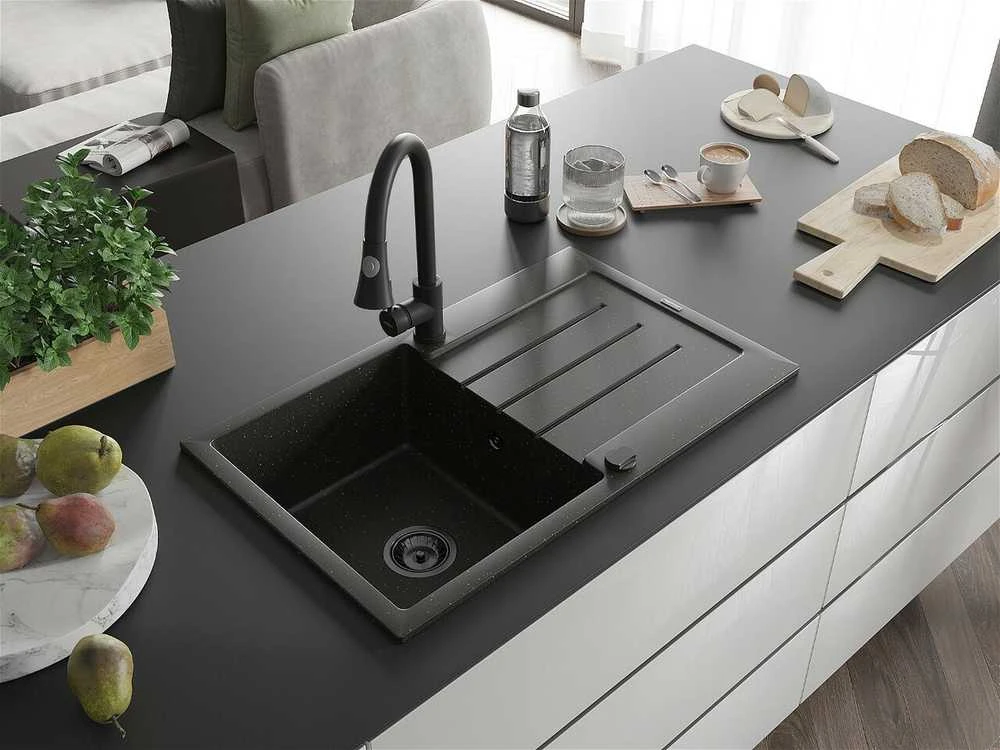 Granitinė virtuvinė plautuvė Mexen Bruno su maišytuvu ir sifonu, Metallic juodas/auksinis+Juodas