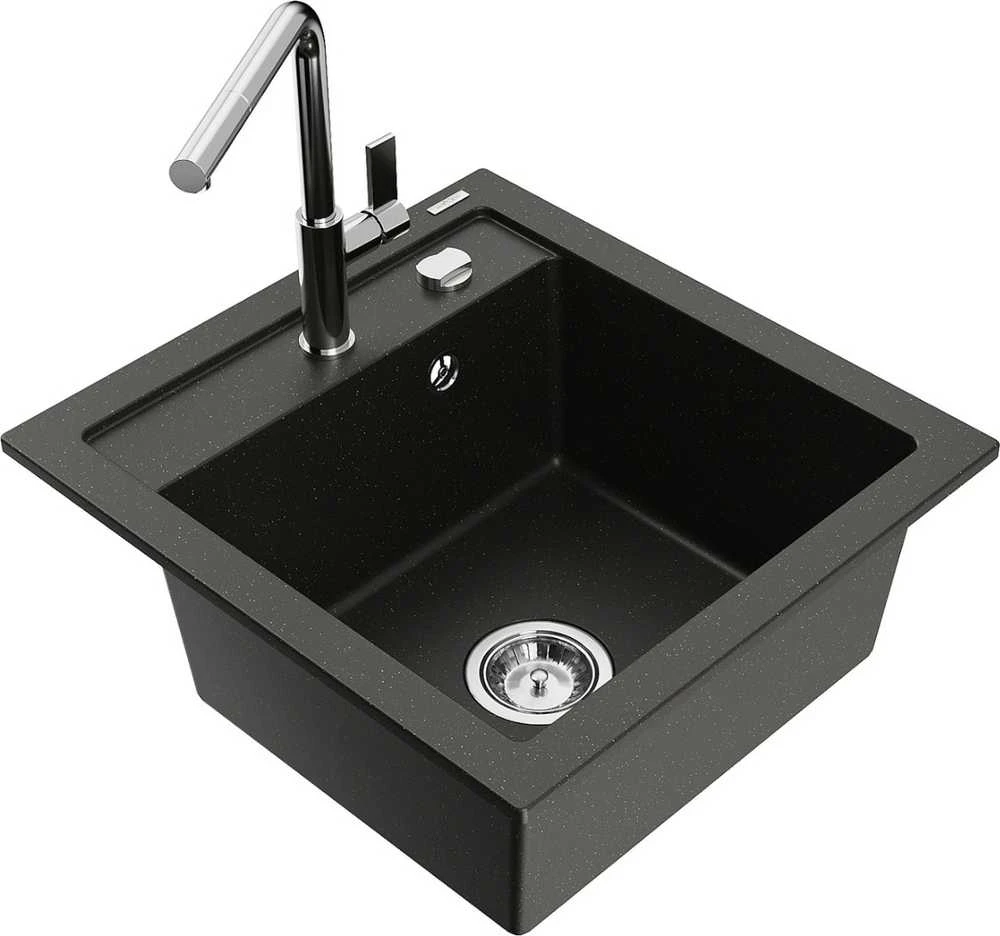 Granitinė virtuvinė plautuvė Mexen Vito su maišytuvu ir sifonu, Metallic juodas/auksinis+Chrome