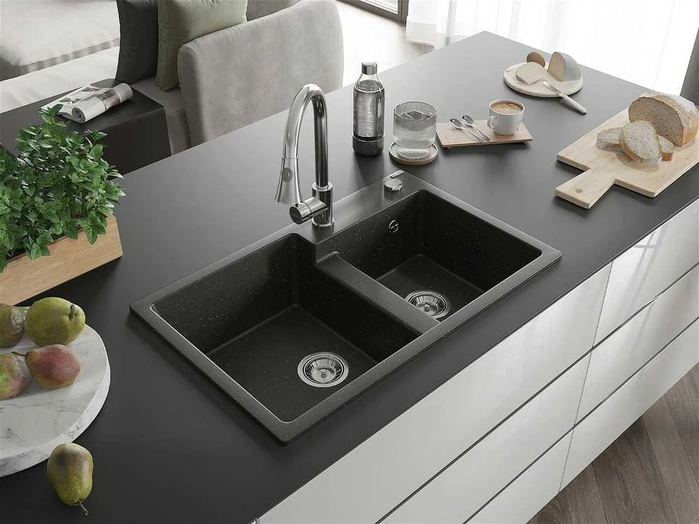 Granitinė virtuvinė plautuvė Mexen Tomas su maišytuvu ir sifonu, Metallic juodas/auksinis+Chrome