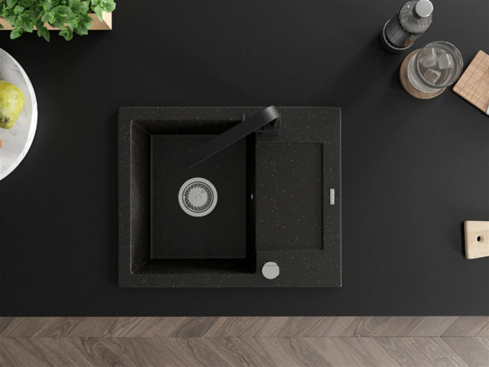 Granitinė virtuvinė plautuvė Mexen Enzo su maišytuvu ir sifonu, Metallic juodas/auksinis+Juodas