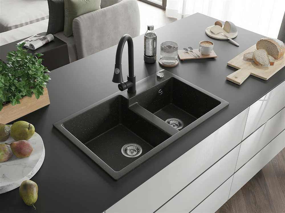 Granitinė virtuvinė plautuvė Mexen Tomas su maišytuvu ir sifonu, Metallic juodas/auksinis+Juodas