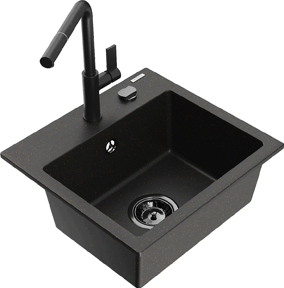 Granitinė virtuvinė plautuvė Mexen Milo su maišytuvu ir sifonu, Metallic juodas/auksinis+Juodas