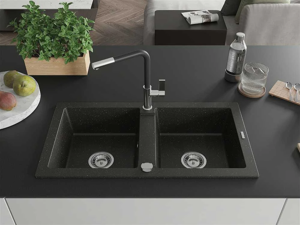 Granitinė virtuvinė plautuvė Mexen Mario su maišytuvu ir sifonu, Metallic juodas/auksinis+Juodas/Chrome