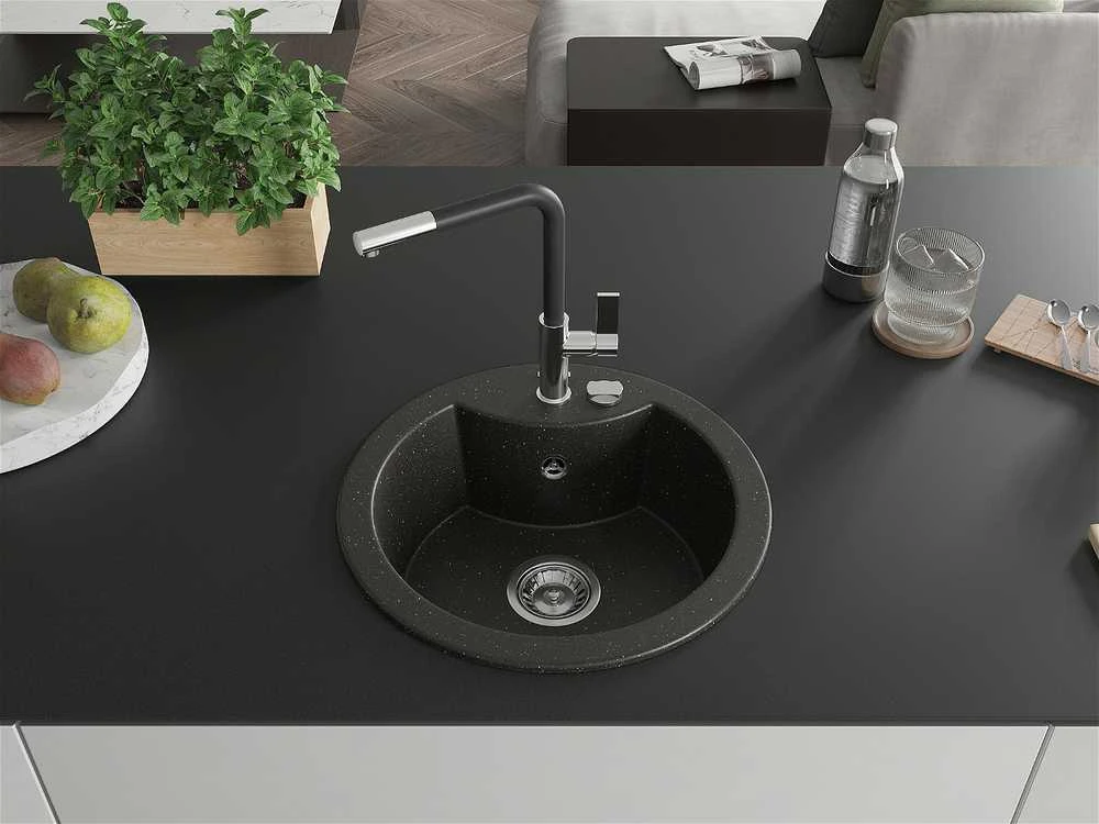 Granitinė virtuvinė plautuvė Mexen Diego su maišytuvu ir sifonu, Metallic juodas/auksinis+Juodas/Chrome