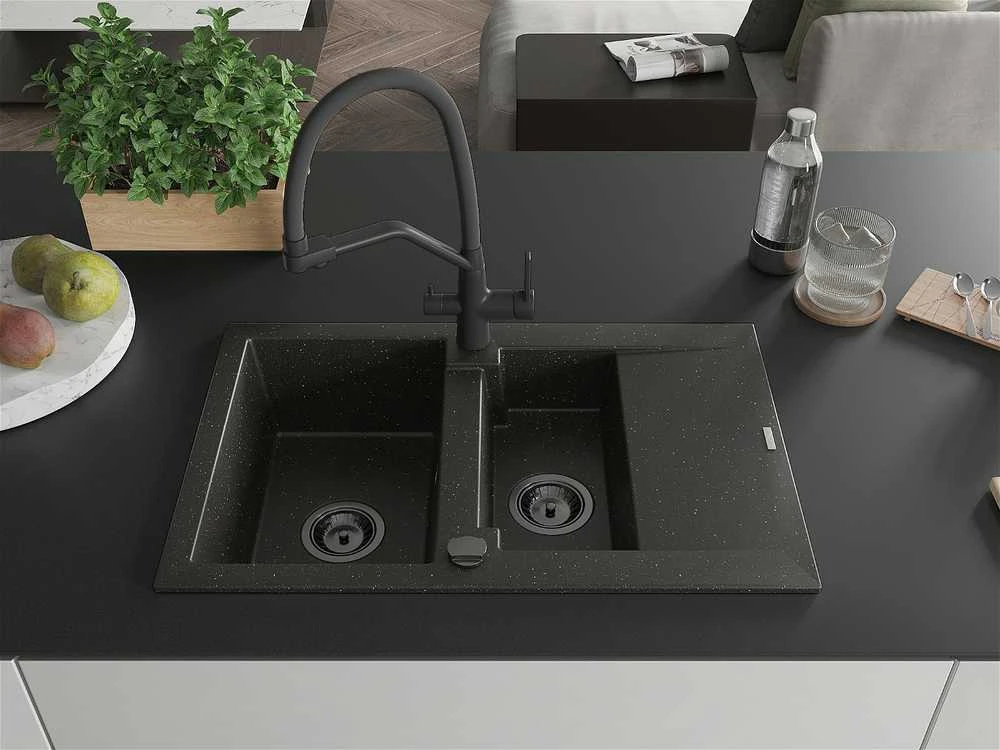 Granitinė virtuvinė plautuvė Mexen Gaspar su maišytuvu ir sifonu, Metallic juodas/auksinis+Juodas