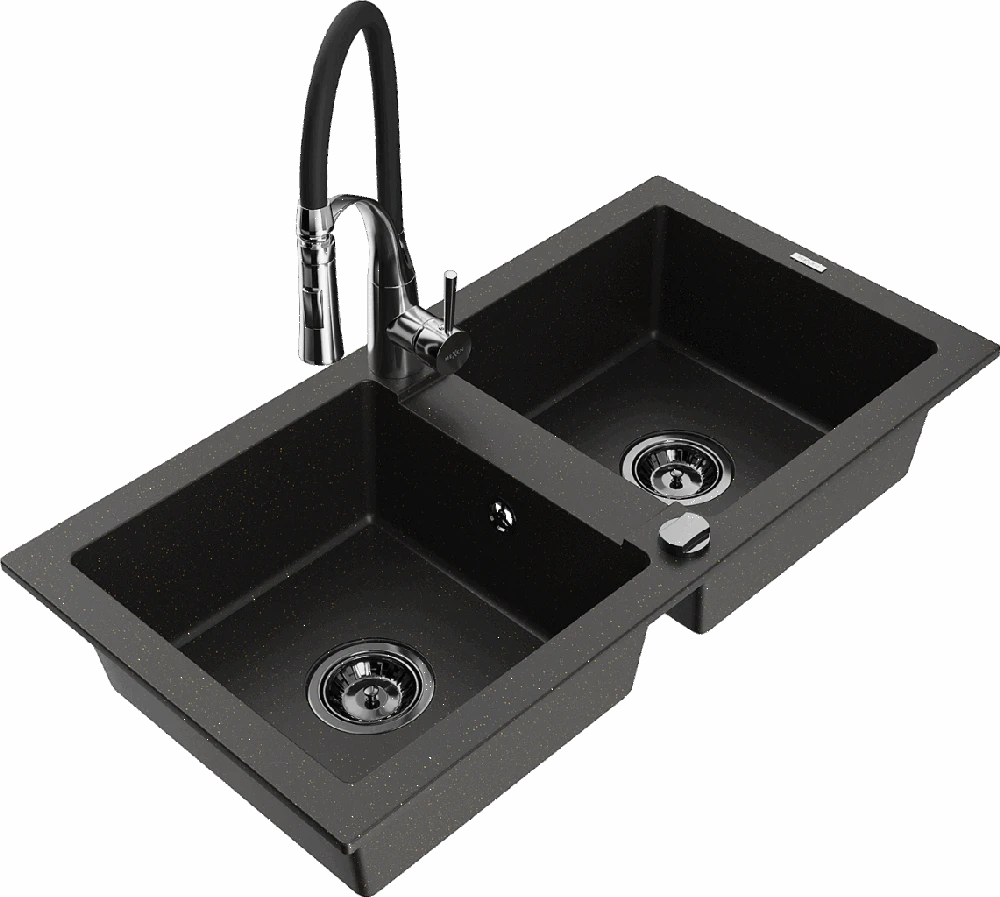 Granitinė virtuvinė plautuvė Mexen Mario su maišytuvu ir sifonu, Metallic juodas/auksinis+Juodas/Chrome
