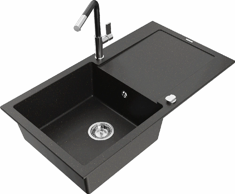 Granitinė virtuvinė plautuvė Mexen Leo su maišytuvu ir sifonu, Metallic juodas/auksinis+Juodas/Chrome