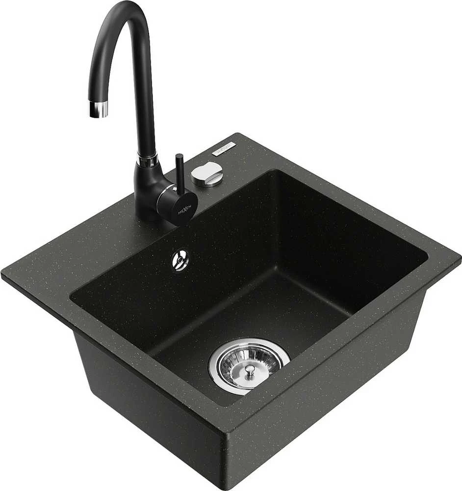 Granitinė virtuvinė plautuvė Mexen Milo su maišytuvu ir sifonu, Metallic juodas/auksinis+Juodas