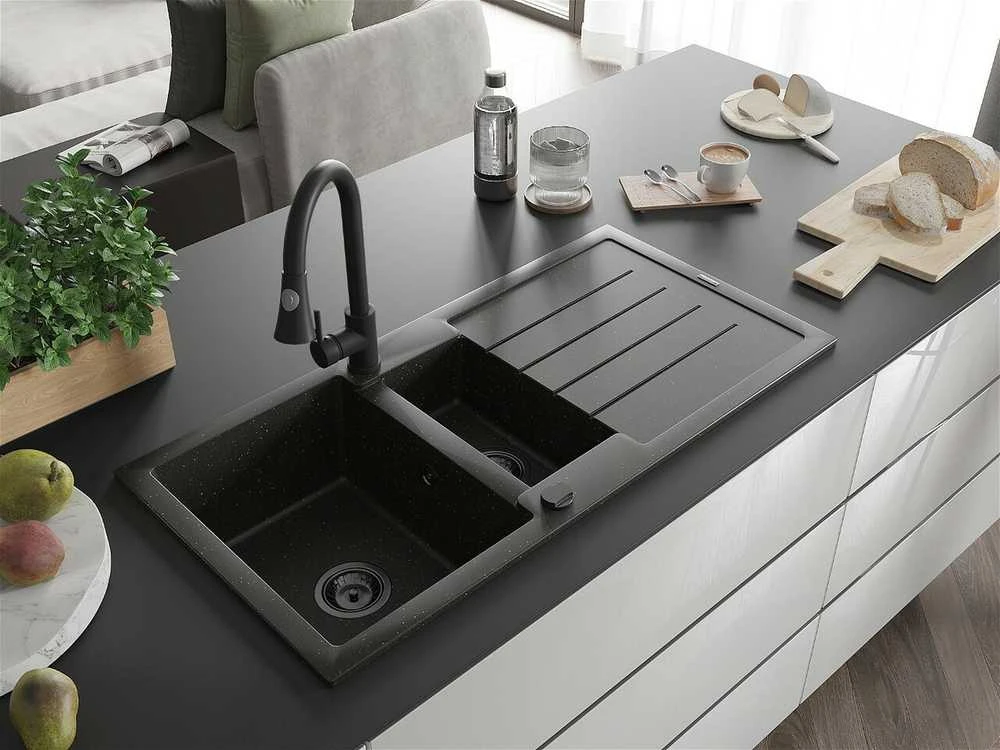 Granitinė virtuvinė plautuvė Mexen Andres su maišytuvu ir sifonu, Metallic juodas/auksinis+Juodas