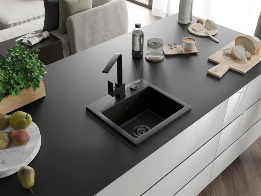 Granitinė virtuvinė plautuvė Mexen Milo su maišytuvu ir sifonu, Metallic juodas/auksinis+Juodas(B)