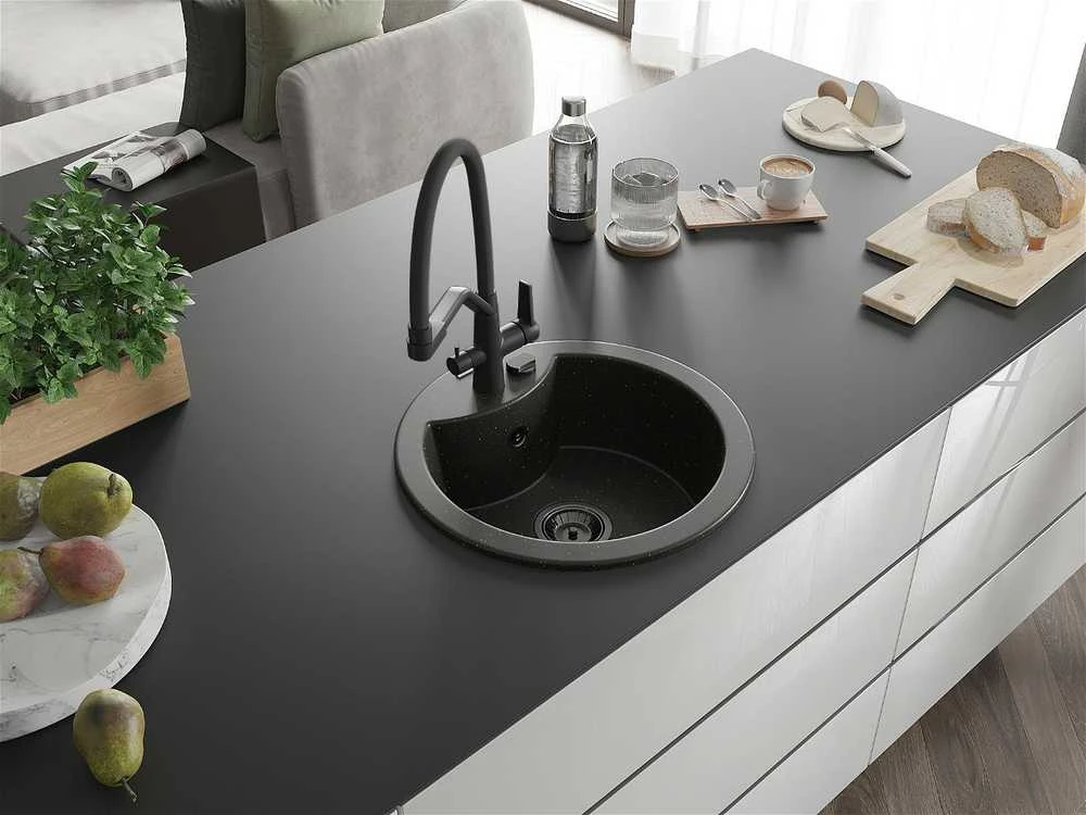 Granitinė virtuvinė plautuvė Mexen Diego su maišytuvu ir sifonu, Metallic juodas/auksinis+Juodas