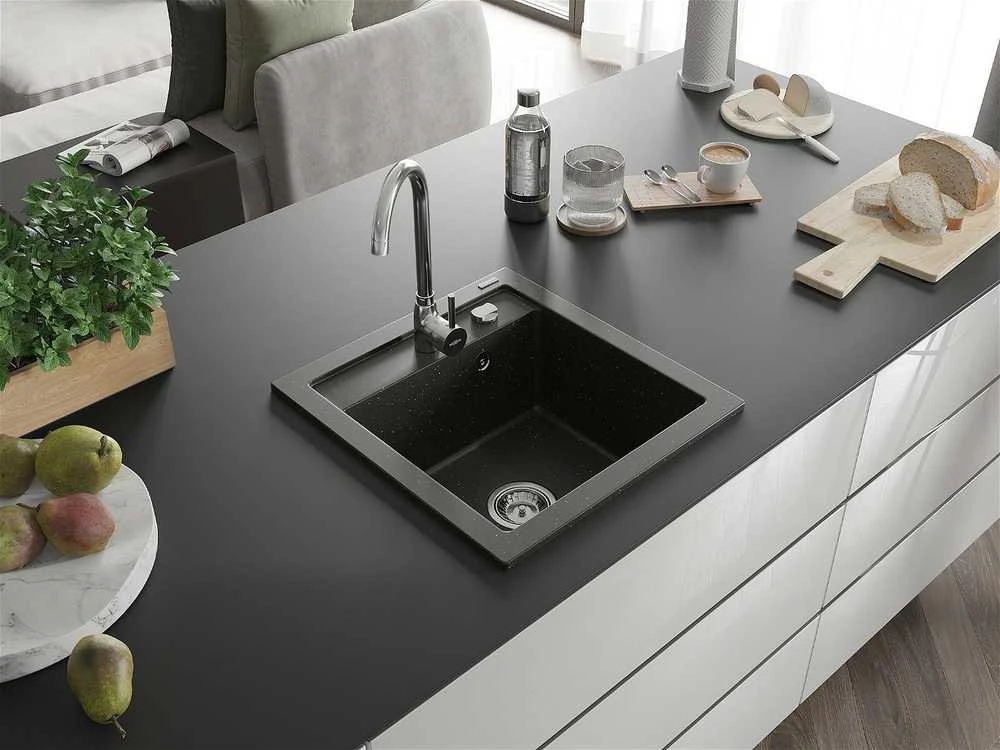 Granitinė virtuvinė plautuvė Mexen Vito su sifonu, Metallic juodas/auksinis