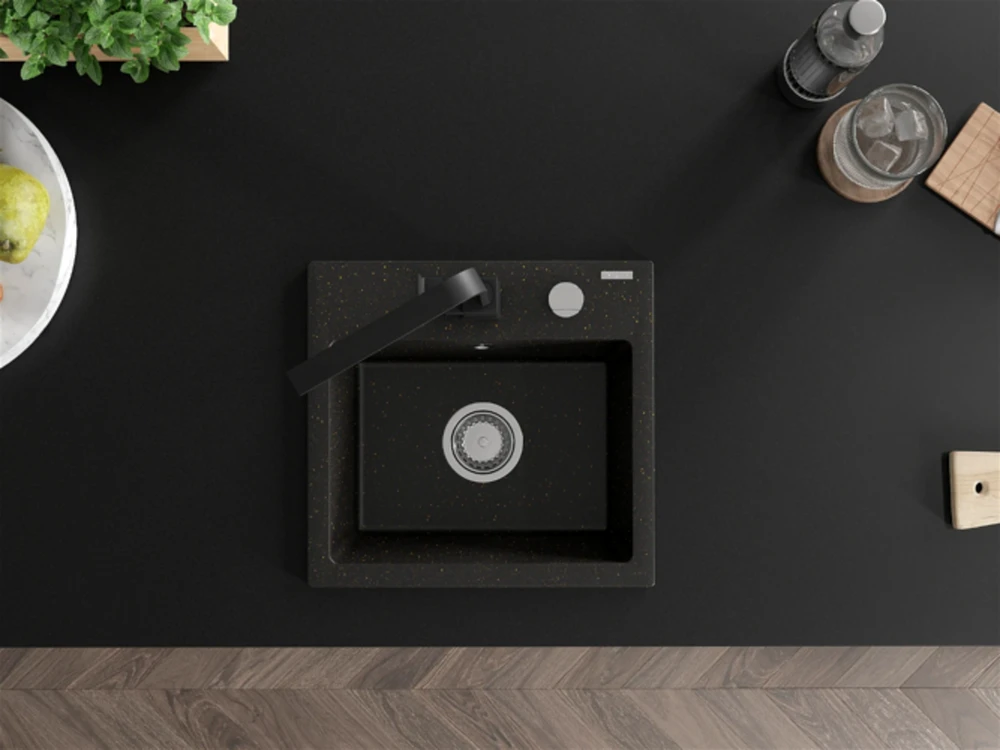 Granitinė virtuvinė plautuvė Mexen Milo su maišytuvu ir sifonu, Metallic juodas/auksinis+Juodas