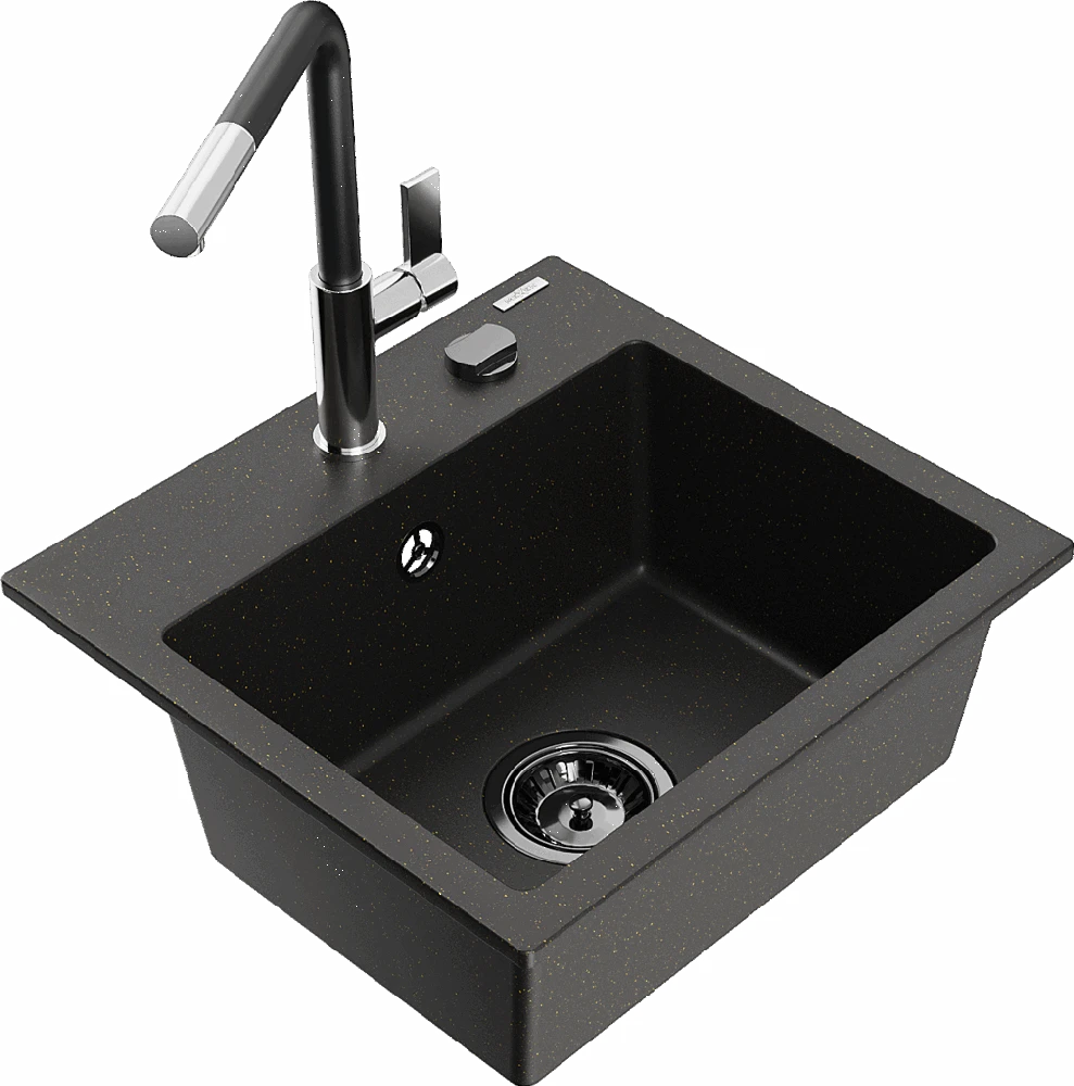 Granitinė virtuvinė plautuvė Mexen Milo su maišytuvu ir sifonu, Metallic juodas/auksinis+Juodas/Chrome