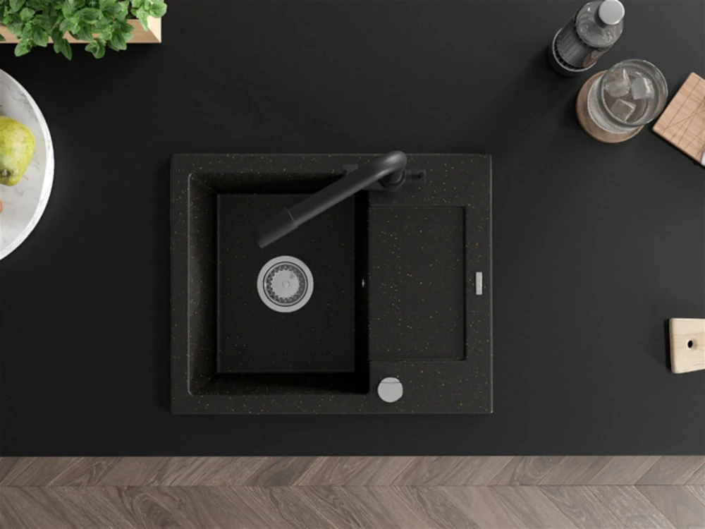 Granitinė virtuvinė plautuvė Mexen Enzo su maišytuvu ir sifonu, Metallic juodas/auksinis+Juodas